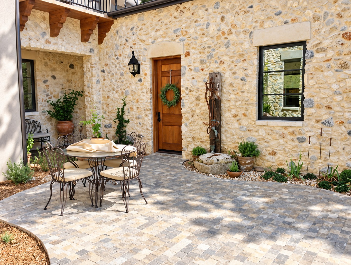 Stone home entry and shaded patio