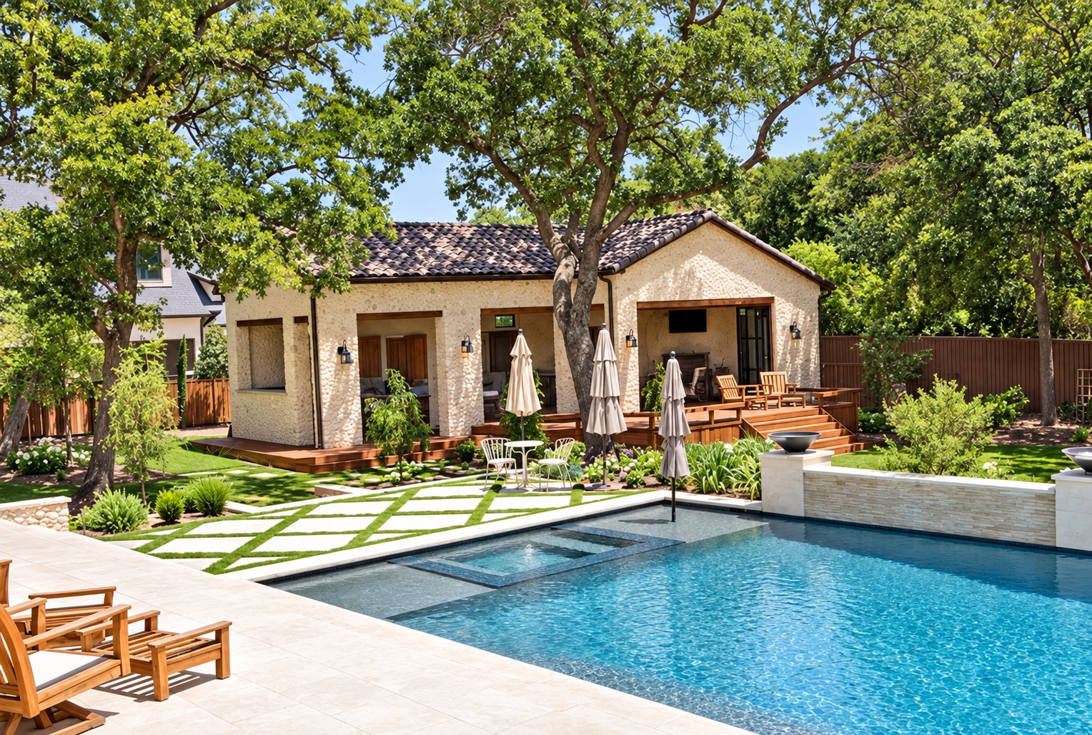 Pool and landscaped yard with stone pavilion